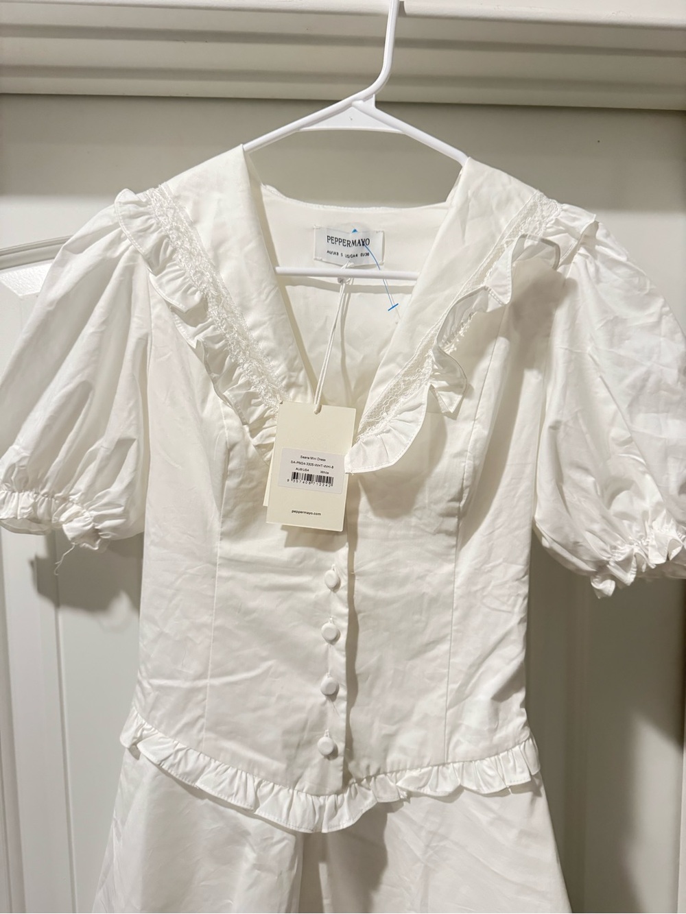NWT PepperMayo Seana Mini Dress White Ruffle Puff Sleeve Size US 4 #80 - Picture 3 of 6